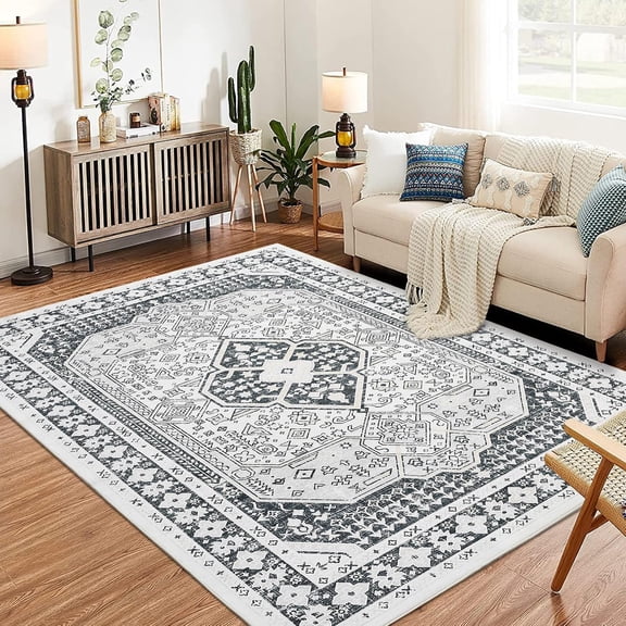9x12 Washable Area Rug Vintage Oriental Medallion Pattern Plush Low Pile Foldable Non Slip Carpet for Living Room Bedroom Dining Room, Rusty red