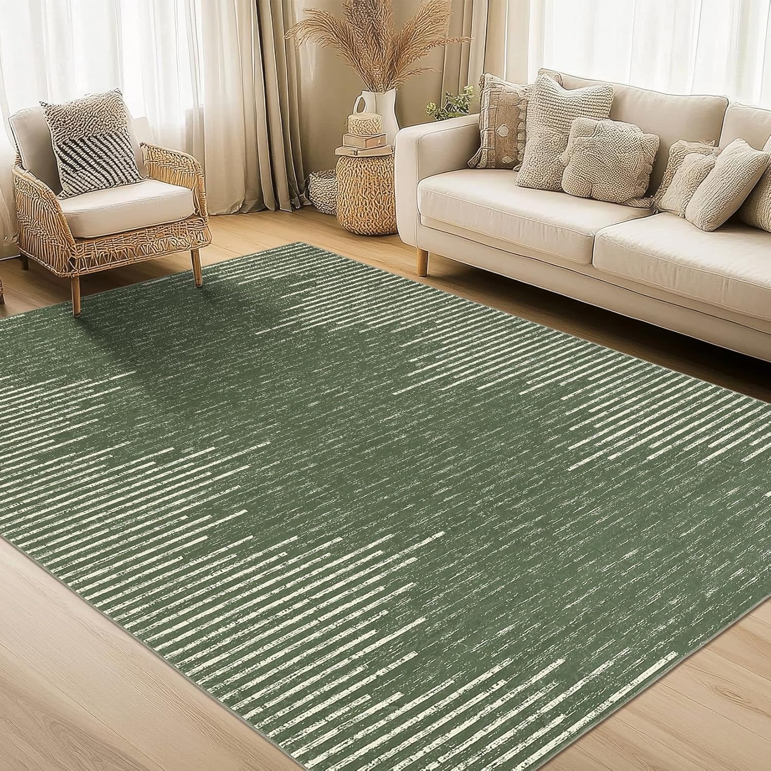 9x12 Washable Area Rug for Living Room Dining Room Distressed Stripes Office Carpet Non Slip Stain Resistant Farmhouse Floor Cover Green Rug