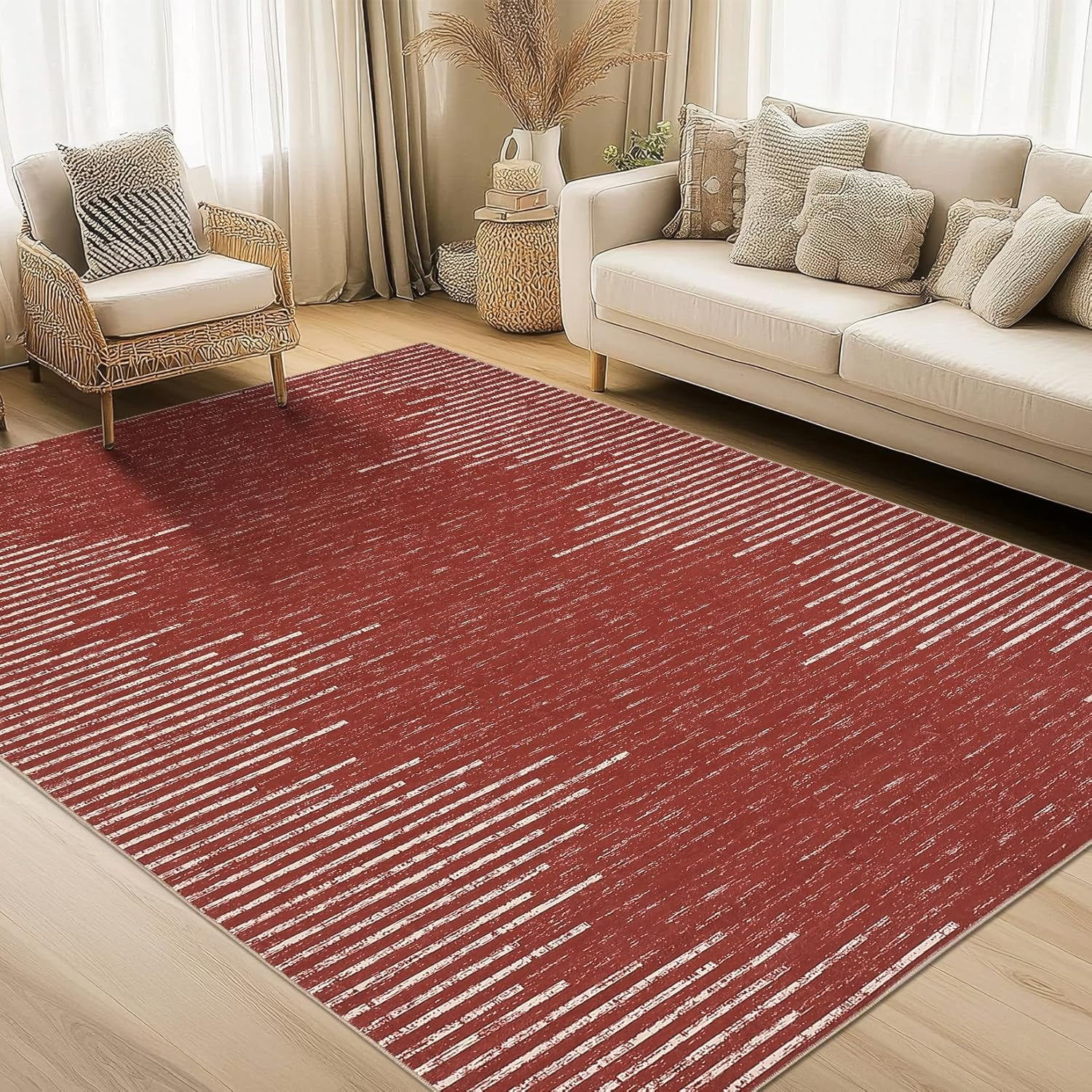 10x13 Washable Area Rug for Living Room Dining Room Neutral Area Rug Sistressed Striped Office Carpet Stain Resistant Farmhouse Floor Cover Red Rugs