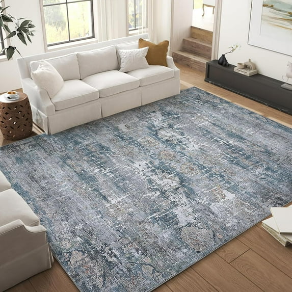 9x12 Washable Area Rug for Living Room, Soft Vintage Distressed Large Bedroom Rugs Retro Indoor Floor Carpet, Low Pile Non-Slip,Blue/Grey