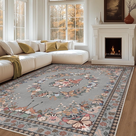 9x12 Washable Area Rugs for Living Room, Soft Low Pile Butterfly Insect Floral Printed Rug, Ultra-Thin Stain Resistant Large Indoor Carpet for Bedroom Office Dining Room, Non-Slip Easy Care, Grey