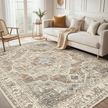 Toyoso 9x12 Washable Area Rugs for Living Room - Vintage Distressed Floral Neutral Boho Farmhouse Thin Soft Large Rug Indoor Floor No Slip Rug Carpet for Bedroom Dining Room Decor - Brown