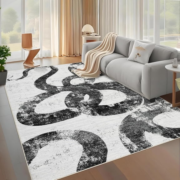 9x12 Washable Black & White Rug, Non-Slip, Soft, Large Abstract Snake Print Carpet for Living Room, Bedroom, Dining Room, Office, Modern.