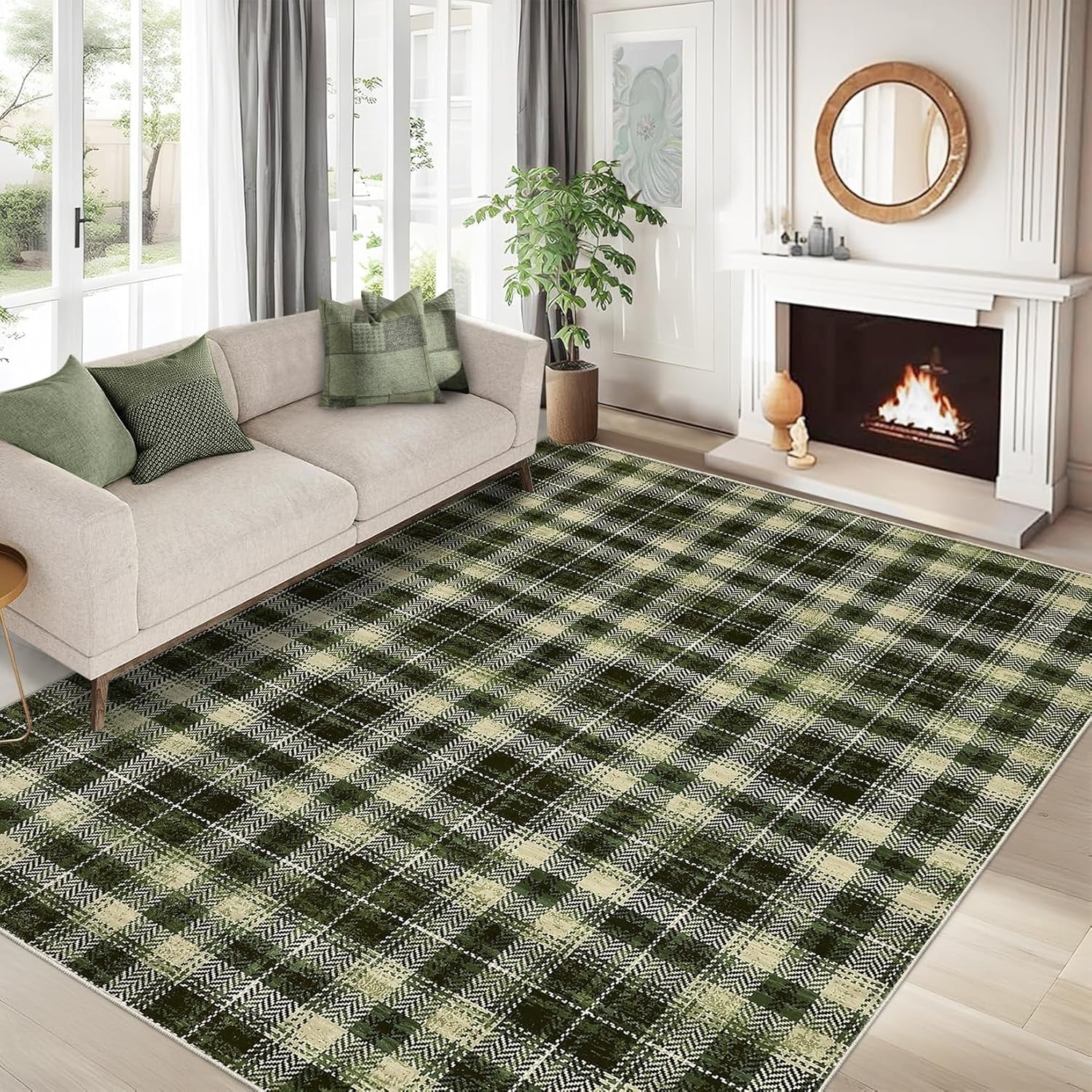 9x12 Washable Dark Green Plaid Area Rug - Non-Slip Low Pile Soft Indoor ...