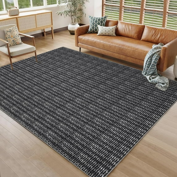 9x12 Washable Modern Textured Stripe Rug Thin Non-Slip Low Pile Stain-Resistant Reinforced Edges Foldable Entryway Black