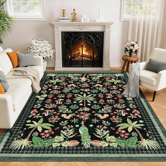 9x12 Washable Non Slip Area Rug, Jungle Peacock Monkey Print, for Living Room Bedroom, Black