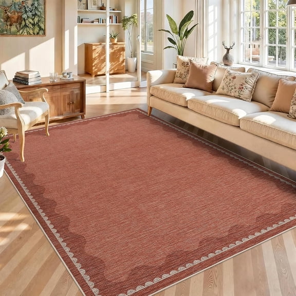 9x12 Washable Rug Living Room Non Slip Stain Resistant Modern Scalloped Border Terracotta