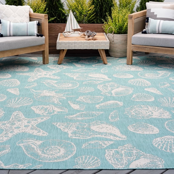 9x12 Water Resistant, Large Indoor Outdoor Rugs for Patios, Front Door Entry, Entryway, Deck, Porch, Balcony | Outside Area Rug for Patio | Aqua, Coastal | Size: 8'9'' x 12'2''