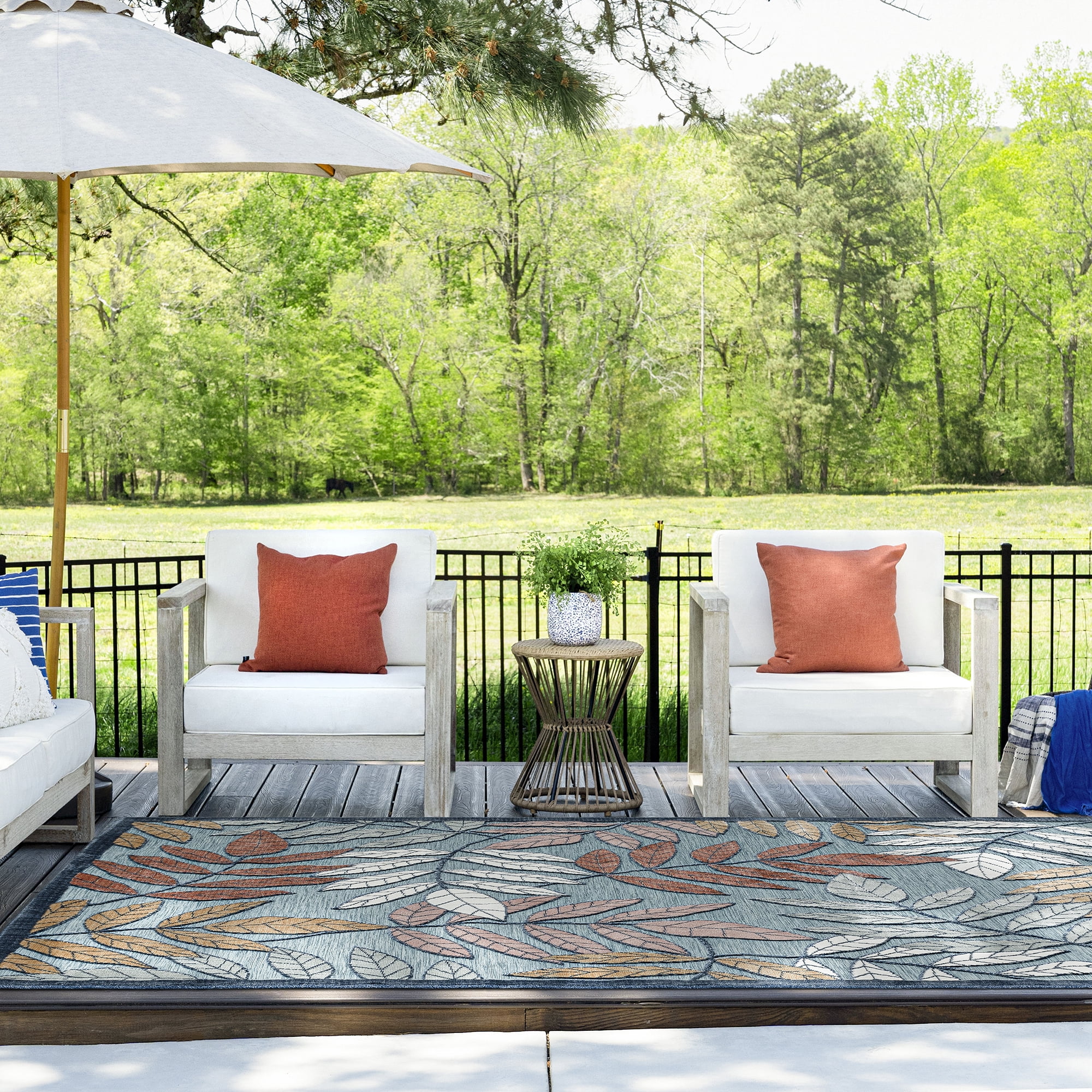 9x12 Water Resistant, Large Indoor Outdoor Rugs for Patios, Front Door Entry, Entryway, Deck, Porch, Balcony | Outside Area Rug for Patio | Aqua, Floral | Size: 8'5'' x 12'2''