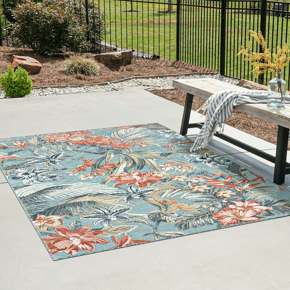 9x12 Water Resistant, Large Indoor Outdoor Rugs for Patios, Front Door Entry, Entryway, Deck, Porch, Balcony | Outside Area Rug for Patio | Aqua, Floral | Size: 8'5'' x 12'2''