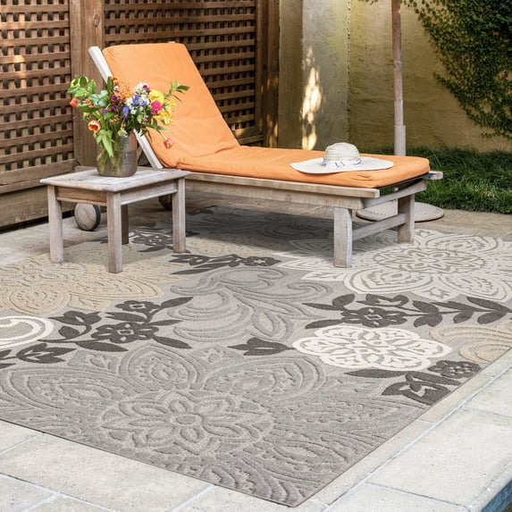 Oasis Modern Floral Beige and Cream Polypropylene Indoor Outdoor Area Rug, 9'x12' Rectangle