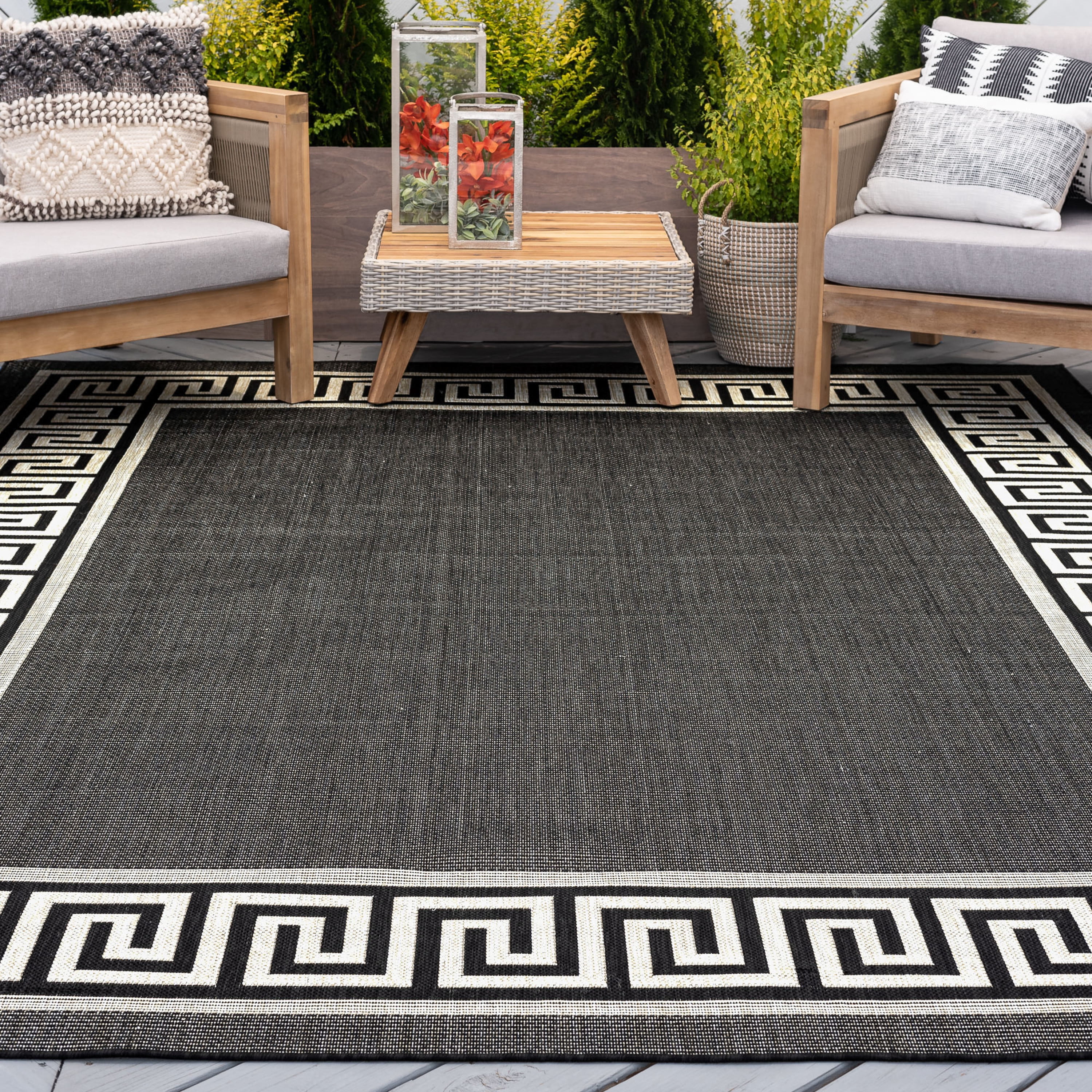 9x12 Water Resistant, Large Indoor Outdoor Rugs for Patios, Front Door Entry, Entryway, Deck, Porch, Balcony | Outside Area Rug for Patio | Black, Greek Key | Size: 8'9'' x 12'2''