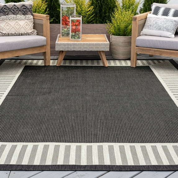 9x12 Water Resistant, Large Indoor Outdoor Rugs for Patios, Front Door Entry, Entryway, Deck, Porch, Balcony | Outside Area Rug for Patio | Black, Striped Border | Size: 8'9'' x 12'2''