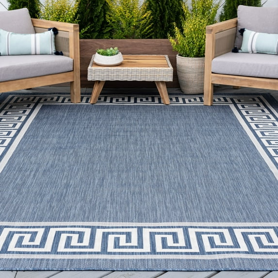 9x12 Water Resistant, Large Indoor Outdoor Rugs for Patios, Front Door Entry, Entryway, Deck, Porch, Balcony | Outside Area Rug for Patio | Blue, Greek Key | Size: 8'9'' x 12'2''
