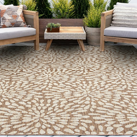 9x12 Water Resistant, Large Indoor Outdoor Rugs for Patios, Front Door Entry, Entryway, Deck, Porch, Balcony | Outside Area Rug for Patio | Brown, Floral | Size: 8'10'' x 12'2''