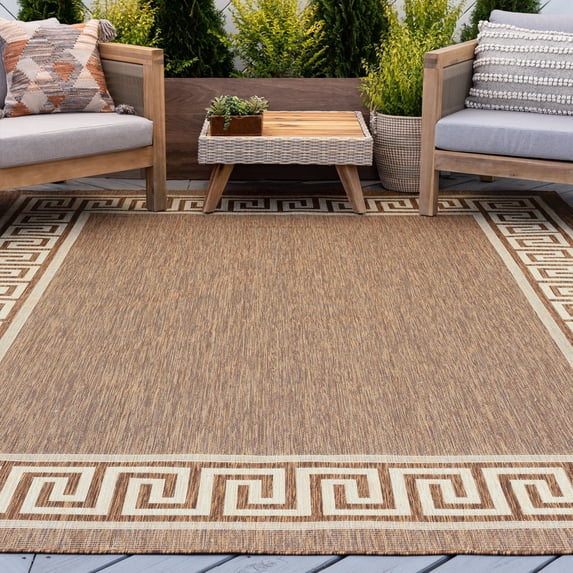 9x12 Water Resistant, Large Indoor Outdoor Rugs for Patios, Front Door Entry, Entryway, Deck, Porch, Balcony | Outside Area Rug for Patio | Brown, Greek Key | Size: 8'9'' x 12'2''