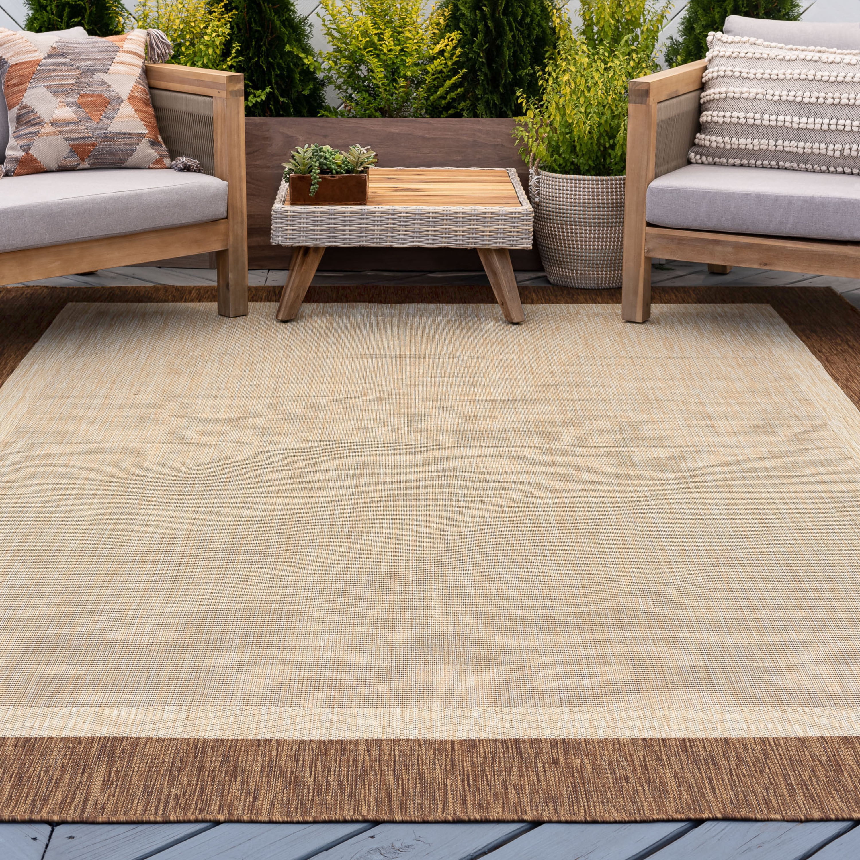 9x12 Water Resistant, Large Indoor Outdoor Rugs for Patios, Front Door Entry, Entryway, Deck, Porch, Balcony | Outside Area Rug for Patio | Brown, Solid Border | Size: 8'9'' x 12'2''