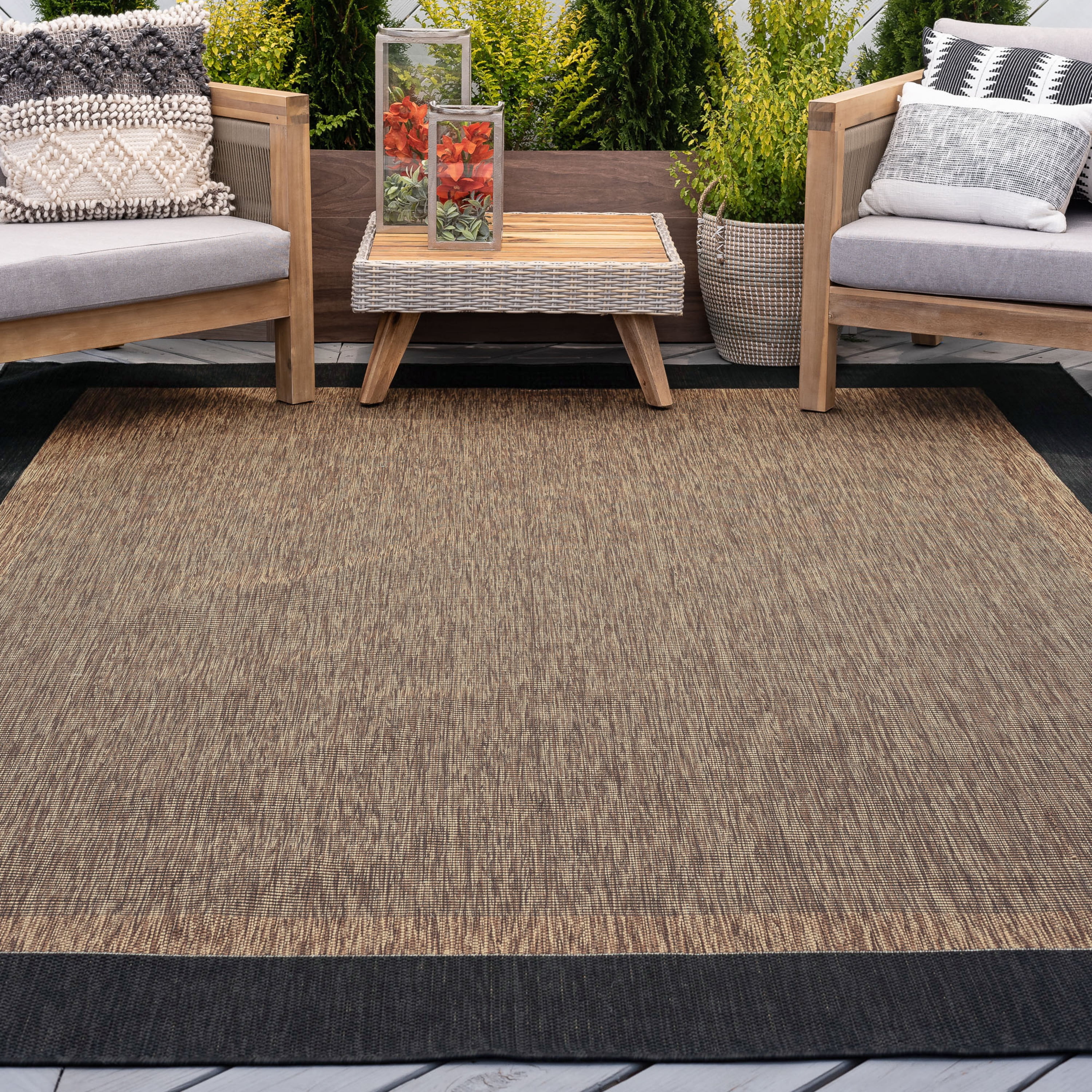 9x12 Water Resistant, Large Indoor Outdoor Rugs for Patios, Front Door Entry, Entryway, Deck, Porch, Balcony | Outside Area Rug for Patio | Gold, Solid Border | Size: 8'9'' x 12'2''