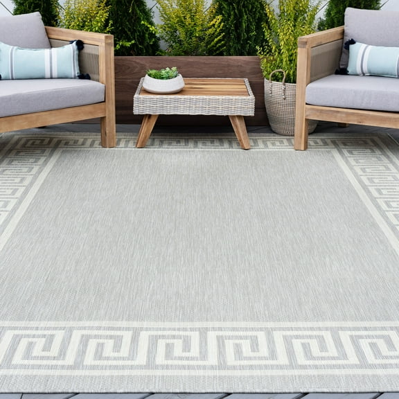 9x12 Water Resistant, Large Indoor Outdoor Rugs for Patios, Front Door Entry, Entryway, Deck, Porch, Balcony | Outside Area Rug for Patio | Gray, Greek Key | Size: 8'9'' x 12'2''