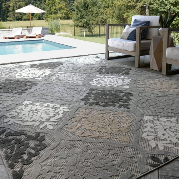 9x12 Water Resistant, Large Indoor Outdoor Rugs for Patios, Front Door Entry, Entryway, Deck, Porch, Balcony | Outside Area Rug for Patio | Gray, Medallion | Size: 8'10'' x 12'2''