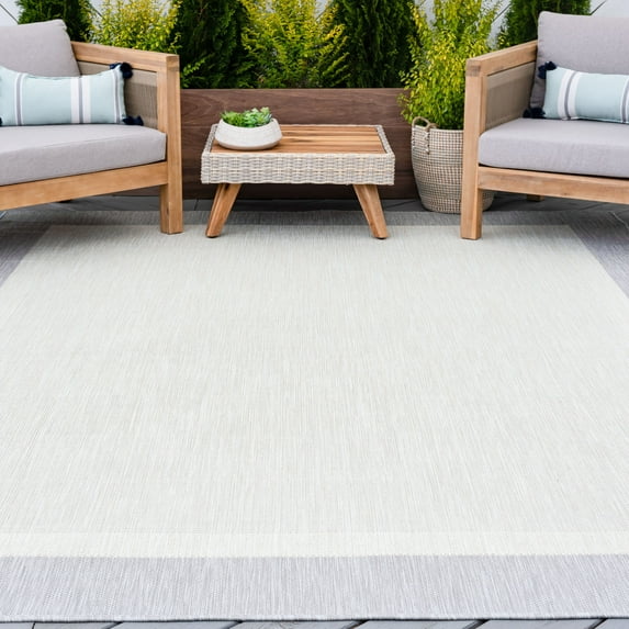 9x12 Water Resistant, Large Indoor Outdoor Rugs for Patios, Front Door Entry, Entryway, Deck, Porch, Balcony | Outside Area Rug for Patio | Gray, Solid Border | Size: 8'9'' x 12'2''