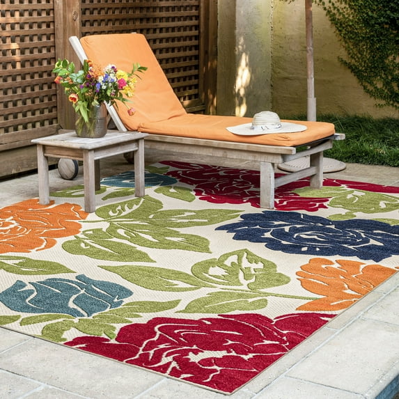 Oasis Modern Floral Multicolor Polypropylene Indoor Outdoor Area Rug, 9'x12' Rectangle