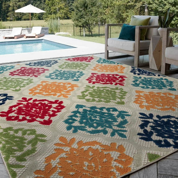 Oasis Modern Medallion Multicolor Polypropylene Indoor Outdoor Area Rug, 9'x12' Rectangle