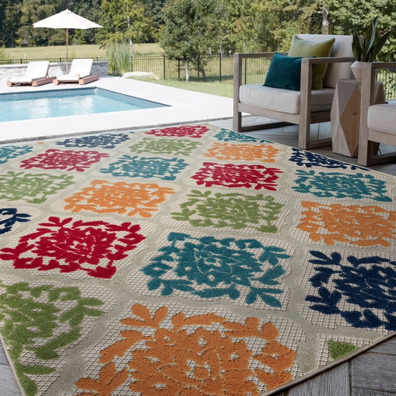 Oasis Modern Medallion Multicolor Polypropylene Indoor Outdoor Area Rug, 9'x12' Rectangle