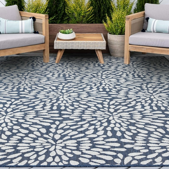 9x12 Water Resistant, Large Indoor Outdoor Rugs for Patios, Front Door Entry, Entryway, Deck, Porch, Balcony | Outside Area Rug for Patio | Navy, Floral | Size: 8'10'' x 12'2''