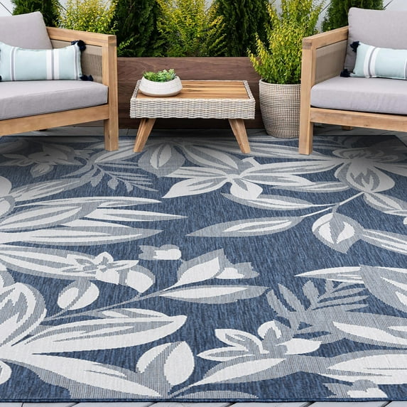 9x12 Water Resistant, Large Indoor Outdoor Rugs for Patios, Front Door Entry, Entryway, Deck, Porch, Balcony | Outside Area Rug for Patio | Navy, Floral | Size: 8'10'' x 12'2''