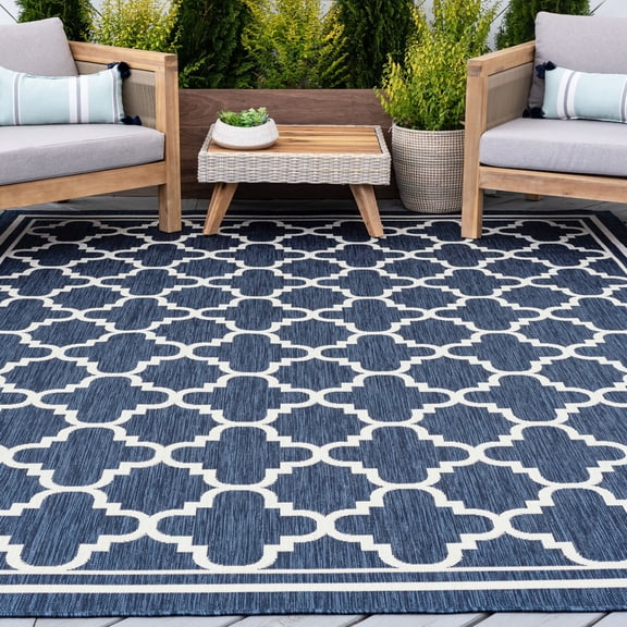 9x12 Water Resistant, Large Indoor Outdoor Rugs for Patios, Front Door Entry, Entryway, Deck, Porch, Balcony | Outside Area Rug for Patio | Navy, Geometric | Size: 8'9'' x 12'2''
