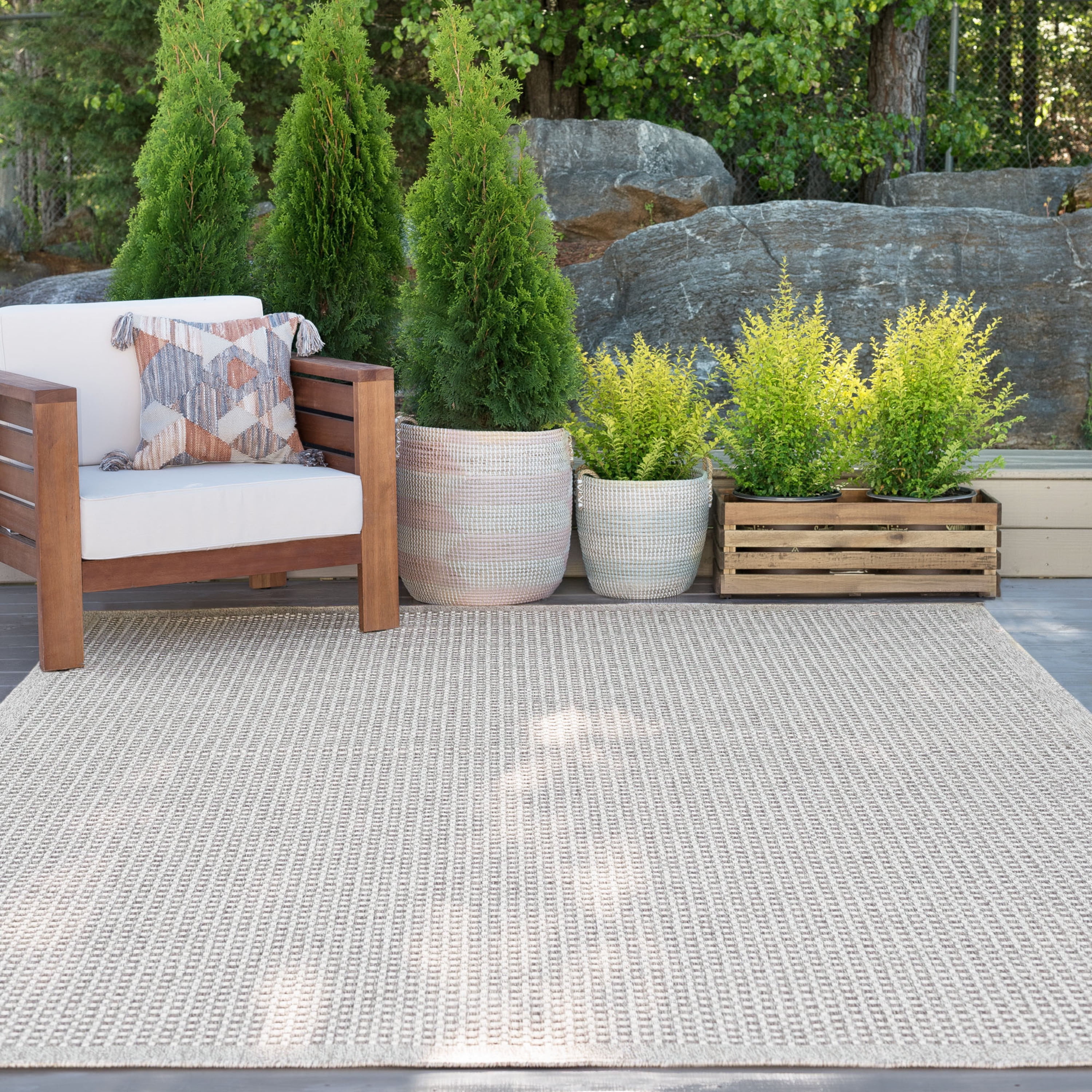 9x12 Water Resistant, Large Indoor Outdoor Rugs for Patios, Front Door Entry, Entryway, Deck, Porch, Balcony | Outside Area Rug for Patio | Taupe, Basketweave | Size: 8'9'' x 12'2''