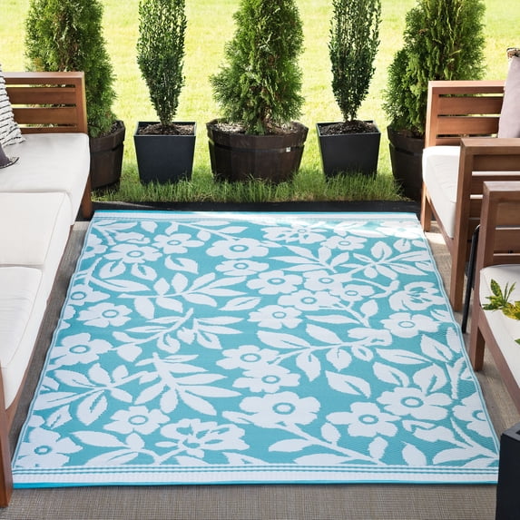 9x12 Reversible Aqua and White Polypropylene Outdoor Floral Area Rug