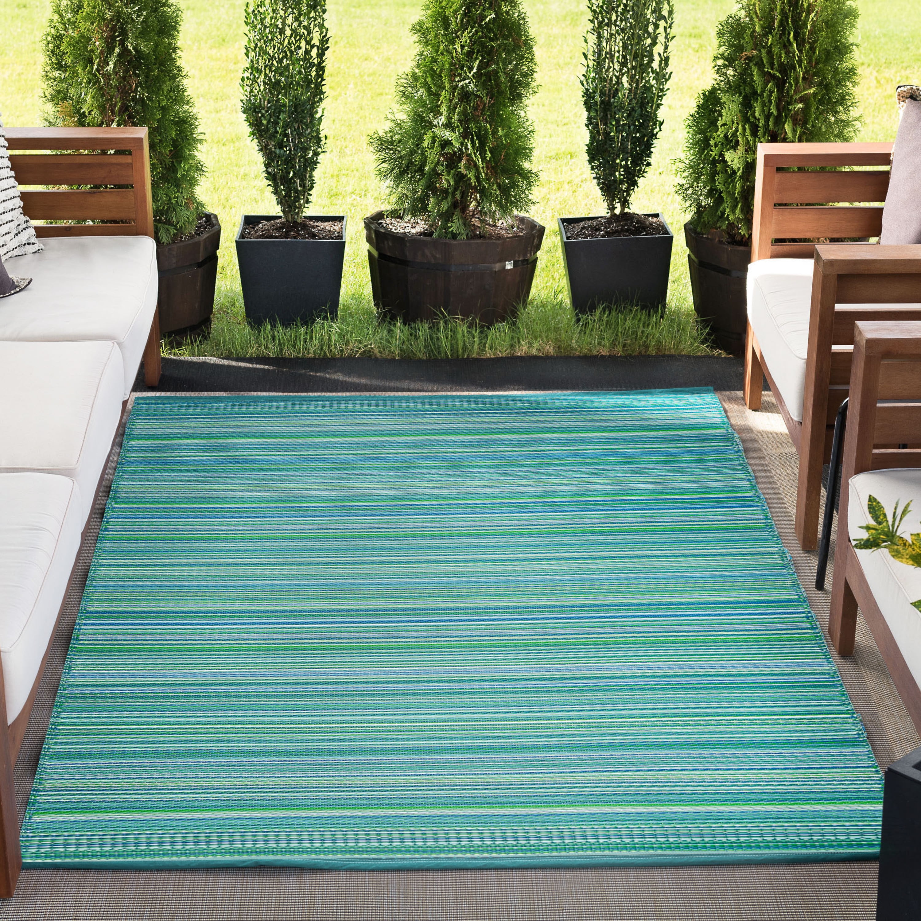 9x12 Reversible Aqua and Green Polypropylene Outdoor Stripe Area Rug