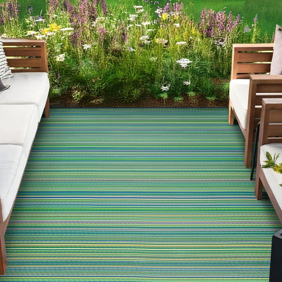 9x12 Waterproof, Reversible Plastic Straw Outdoor Rugs for Patios | Also for Camping, RV, Deck, Porch, Balcony, Camp, Patio | Green, Stripe | Size: 8'10'' x 11'10''