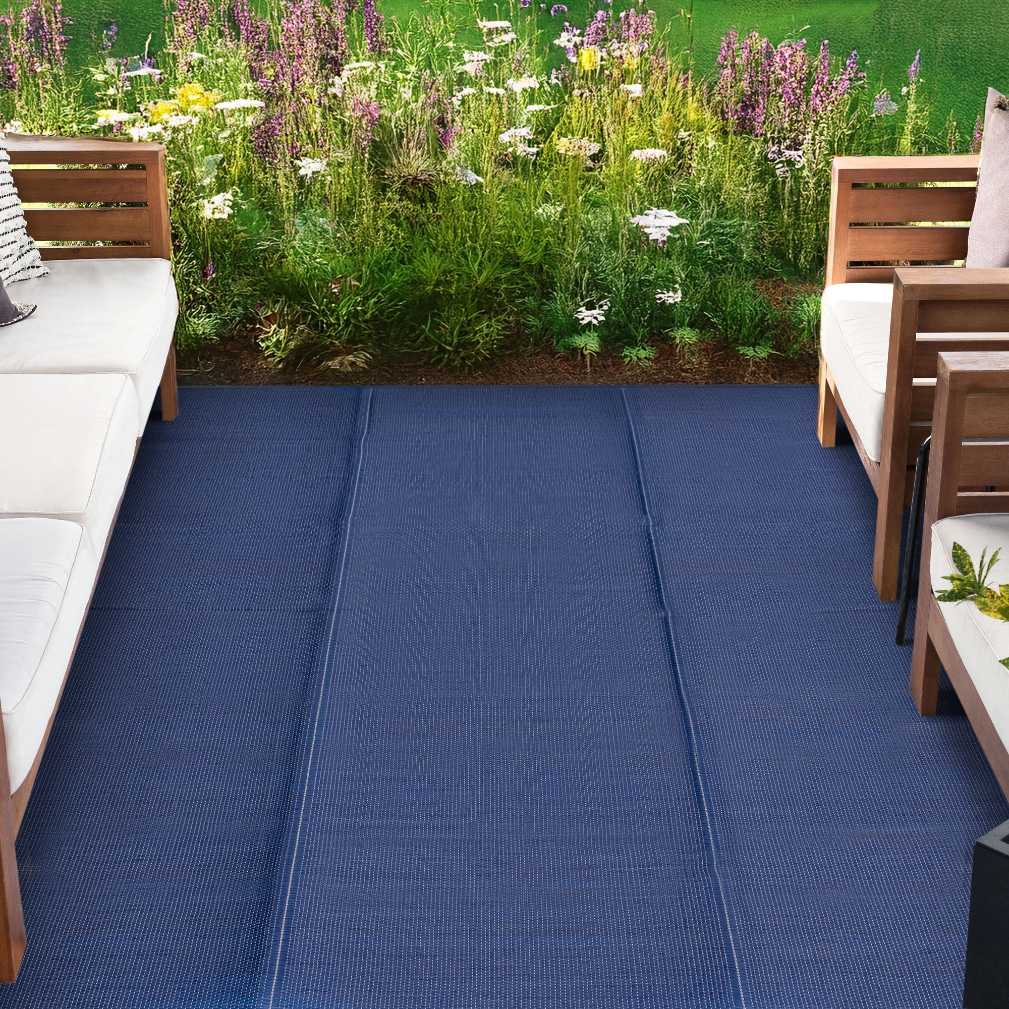 Luna Contemporary Solid Navy Polypropylene Reversible Plastic Straw Outdoor Area Rug, 9'x12' Rectangle
