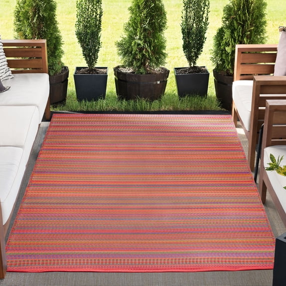 9x12 Reversible Red and Orange Polypropylene Outdoor Stripe Area Rug
