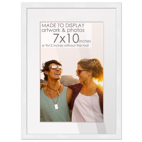 9x12 White Picture Frame with 6.5x9.5 White Mat Opening for 7x10 Image, 0.75 Inch Border, UV