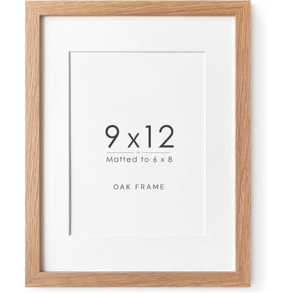 9x12 Wood Frame, Solid Oak 9x12 Picture Frame with Mat to 6x8, Natural Oak 12x9 Frames, Set of 1