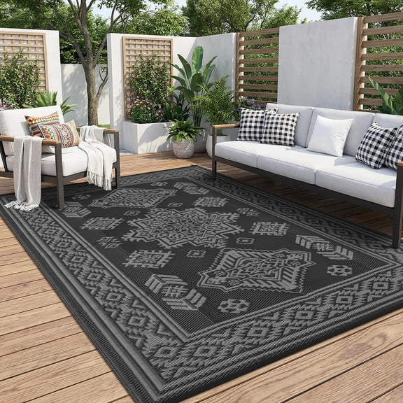 9x12 ft Outdoor Rug, Waterproof & UV Resistant PP Woven Patio Carpet, Reversible All-Weather Mat for Deck, Backyard, Camping, RV, Under Dining Table, Easy Clean, Black & Gray