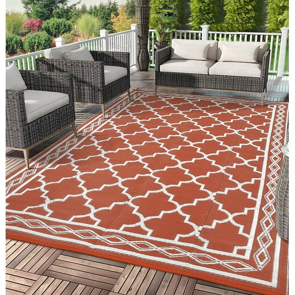 9x12ft Waterproof Outdoor Rug, Reversible Plastic Straw Patio Mat for RV Camping, Deck, Porch, Balcony and Backyard, Terracotta Orange/White