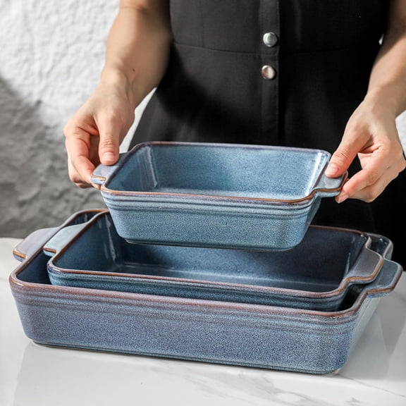 9x13 Baking Dish Set, Large Casserole Dishes for Oven, Ceramic Bakeware Set of 3, Rectangular Lasagne Pan Deep for Baking