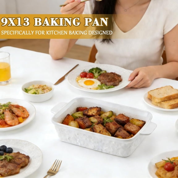 9x13 Baking Pan Ceramic Casserole Dish with Handles, 4.4QT Large Oven Safe Baking Dish for Lasagna Cake Roast Meat Soft White
