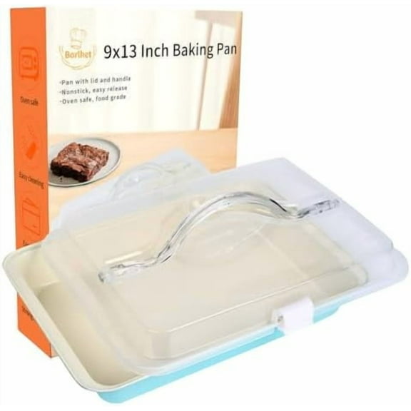 9x13 Baking Pan with Lid and Handle, Nonstick Cake Carrier with Locking Cover, Deep Oblong Bakeware for Brownies, Casseroles, and Travel, Blue and Beige$$Home Decor, Kitchen, & Other