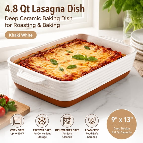 9x13 Ceramic Baking Dish 4.8 QT Deep Casserole Dish with Handles Oven Safe Lasagna Pan for Baking Roasting Serving Rectangular Bakeware
