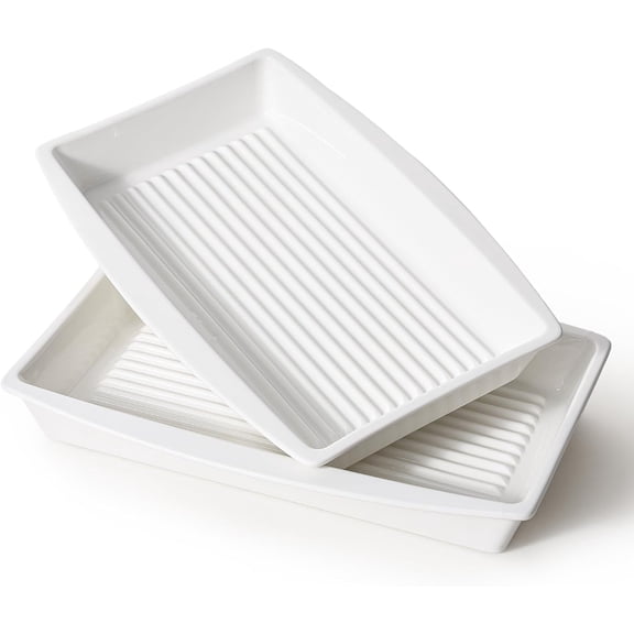 9x13 Ceramic Baking Dish Set of 2, Lasagna Pan with Groove Design, Casserole Dish for Oven, Deep Bakeware with Handles, White Porcelain Roasting Pan, Microwave Dishwasher Safe, 14" x 9.3"