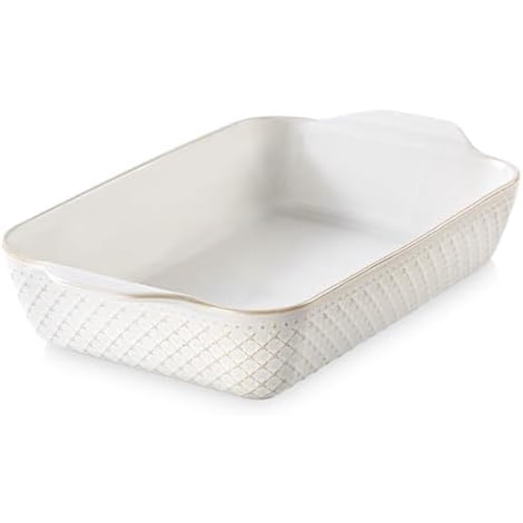 9x13 Deep Lasagna Baking Dish, Ceramic Casserole Dish for Oven, 4 Quarts Embossed Baking Pan with Handles, Oven Safe Bakeware for Roasting, Desserts, Durable & Giftable, Arctic White