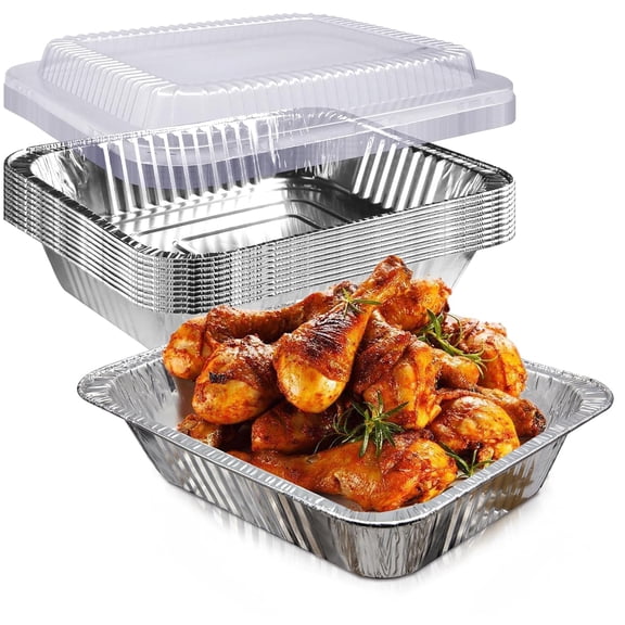 9x13 Disposable Aluminum Foil Pans with Clear Lids (10 Pack), Heavy Duty Half Size Deep Foil Containers for Baking, Cooking, Roasting, Heating, Catering or Steam Table Use