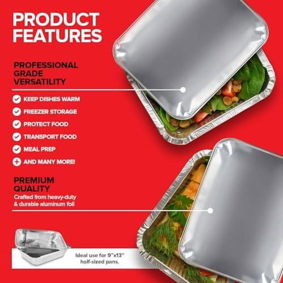 9x13 Disposable Baking Pan Covers (25 Pack) Heavy-Duty Aluminum Cake Pans Lids, Sturdy, Sealable Covers for Food Containers, Leak-Free + Safe Transport & Storage For Catering