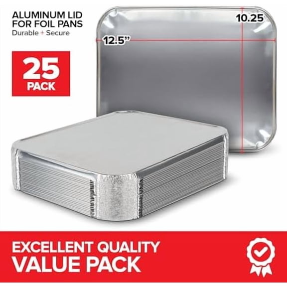 9x13 Disposable Baking Pan Covers (25 Pack) Heavy-Duty Aluminum Cake Pans Lids, Sturdy, Sealable Covers for Food Containers, Leak-Free + Safe Transport & Storage For Catering